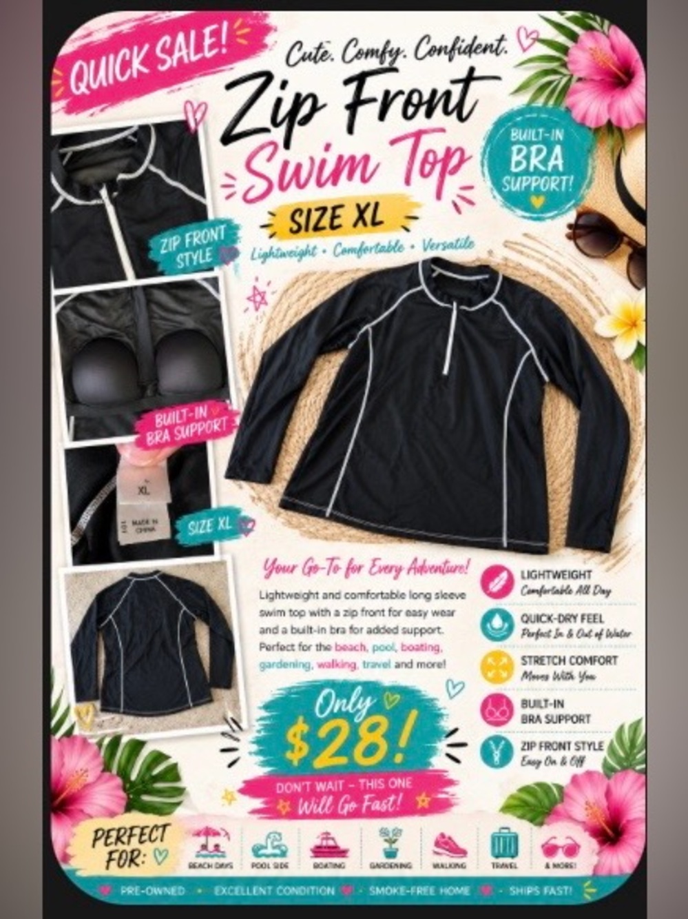 Women’s Black Zip Front Swim Top – Size XL 🖤